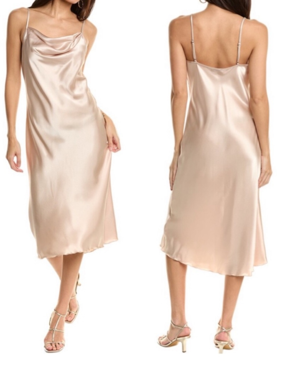 Bebe Satin Cowl Neck Slip Midi Dress in Champagne L